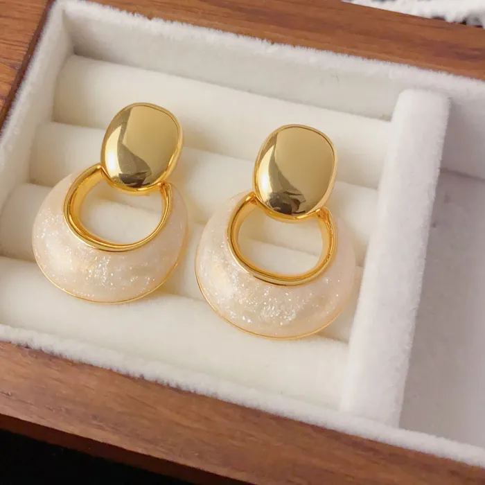 Authentic French Elegant Retro Glazed Geometric Pendant Stud Earrings For Women Party Light Luxury Classic Jewelry
