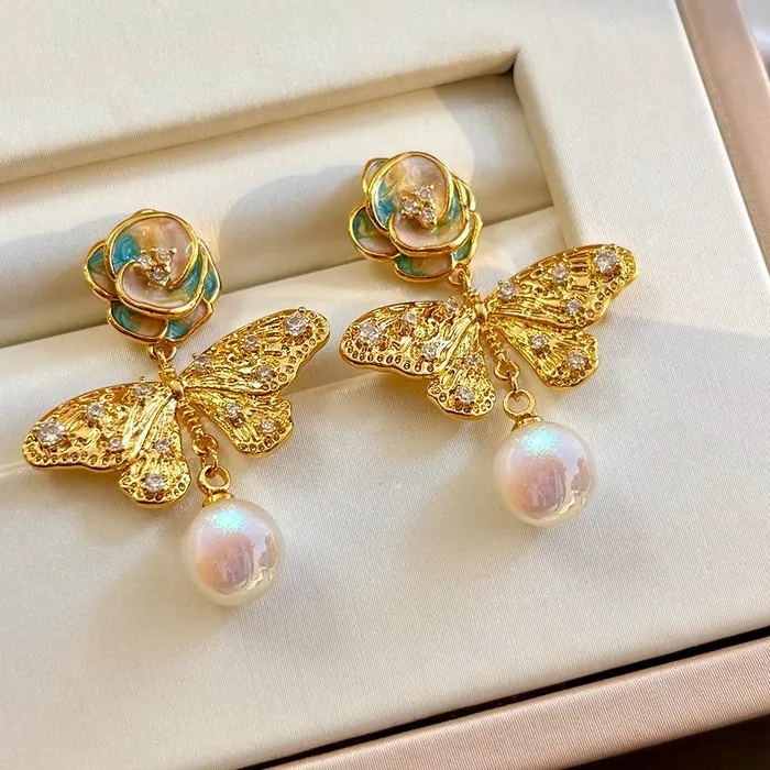 Authentic Enamel drop glaze flower exaggerated butterfly pearl earrings earrings women's light luxury high-end stud earrings ear jewelry