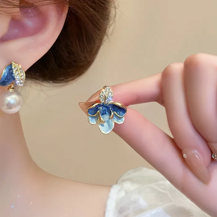 Authentic 2025 Blue Glaze Asymmetrical Pearl Stud Earrings for Women Crystal Leaf Studs Enamel Unusual Earrings Korean Jewelry