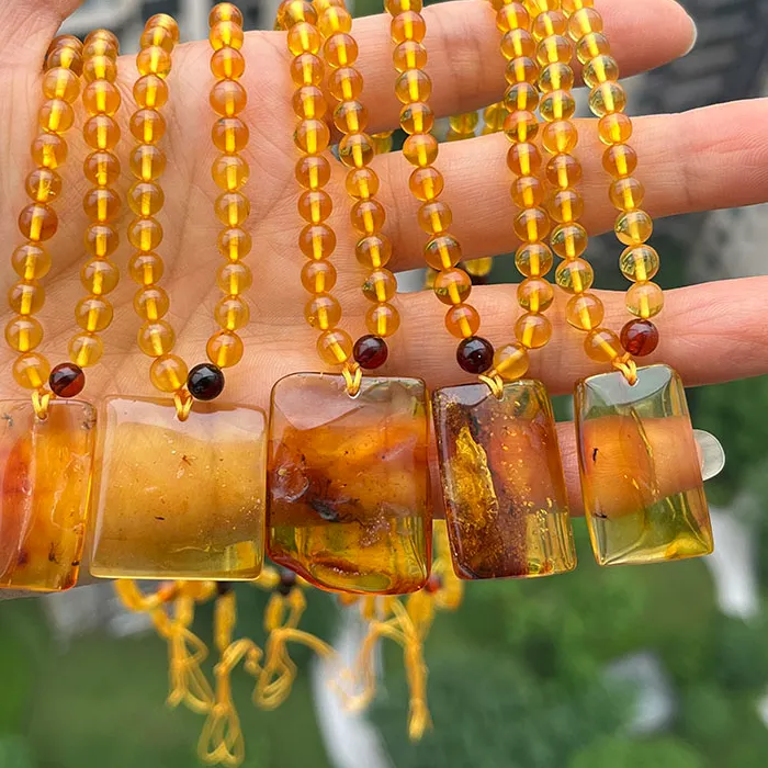 Authentic 5mm Amber Square Pendant Necklace Women Diy Unique Insect Inclusion Natural Round Bead 56cm Chain Baltic Amber Jewelry