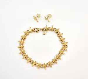 Authentic 7" Premier Designs Gold Plated Circles & Crosses Tennis Bracelet w/Stud Earrings