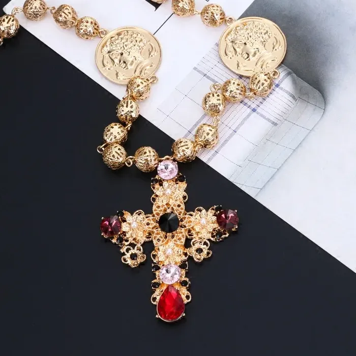Authentic 2026 Baroque Cross Holloway Crystal Antique Necklace, Show Premiere Palace-Style Women's Necklace, Sweater Chain