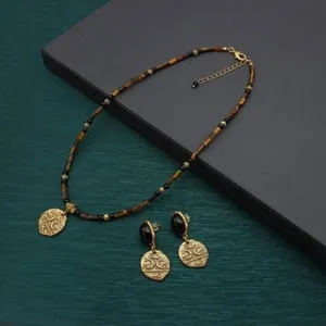 Authentic Tiger Eye Crystal 24K Gold Plated Jewelry Set: Earrings & Necklace