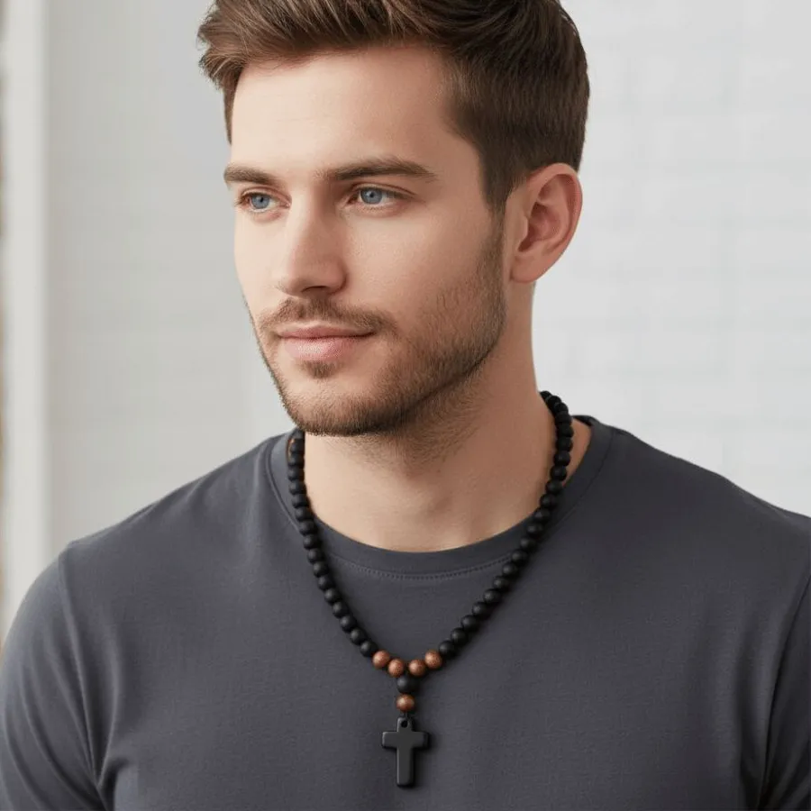 Authentic Cool Rosary Cross Black Round Beads Tiger Eye Stone Cross Pendent Black Cross Pendant Matte Long for Men and Women