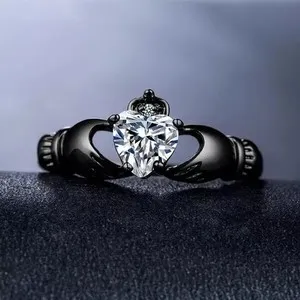 Authentic Love's Eternal Vow: Moissanite & Diamond Claddagh Ring in Black Gold Plated Silver