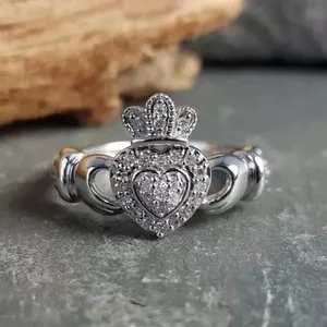 Authentic Radiant Moissanite Claddagh Ring in White Gold Plate