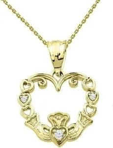 Authentic 0.20ct Round White Diamond Claddagh & Open Heart Pendant 14k Yellow Gold Plated