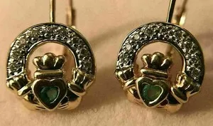 Authentic 2Ct Heart Cut Simulated Emerald Claddagh Hoop Earrings 14K Yellow Gold Plated