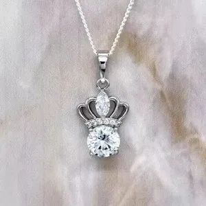 Authentic 2Ct Round Cut Moissanite Crown Pendant Necklace 14K White Gold Plated