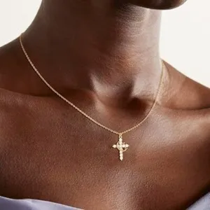 Authentic Women 14K Gold Plated Crown Cross Pendant Necklace Simple Diamond Gold Necklaces