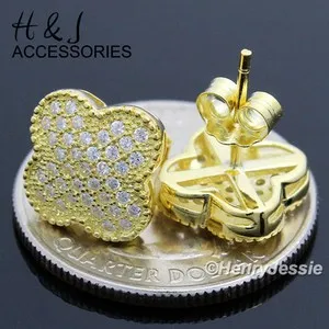 Authentic WOMEN 925 STERLING SILVER 10MM CZ FLOWER SHAPE GOLD PLATED STUD EARRING*E84