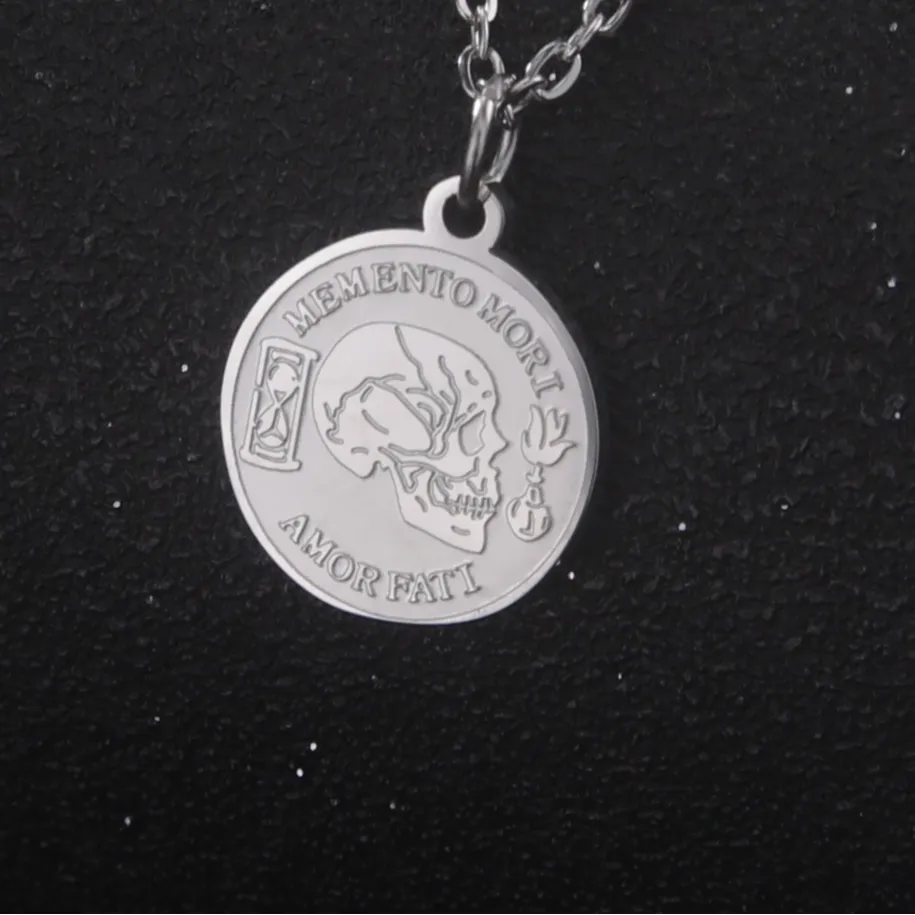 Authentic “Memento Mori-Amor Fati”Necklace Goth Punk Skeleton Engraving Pendant Necklace Jewelry Christmas Gifts