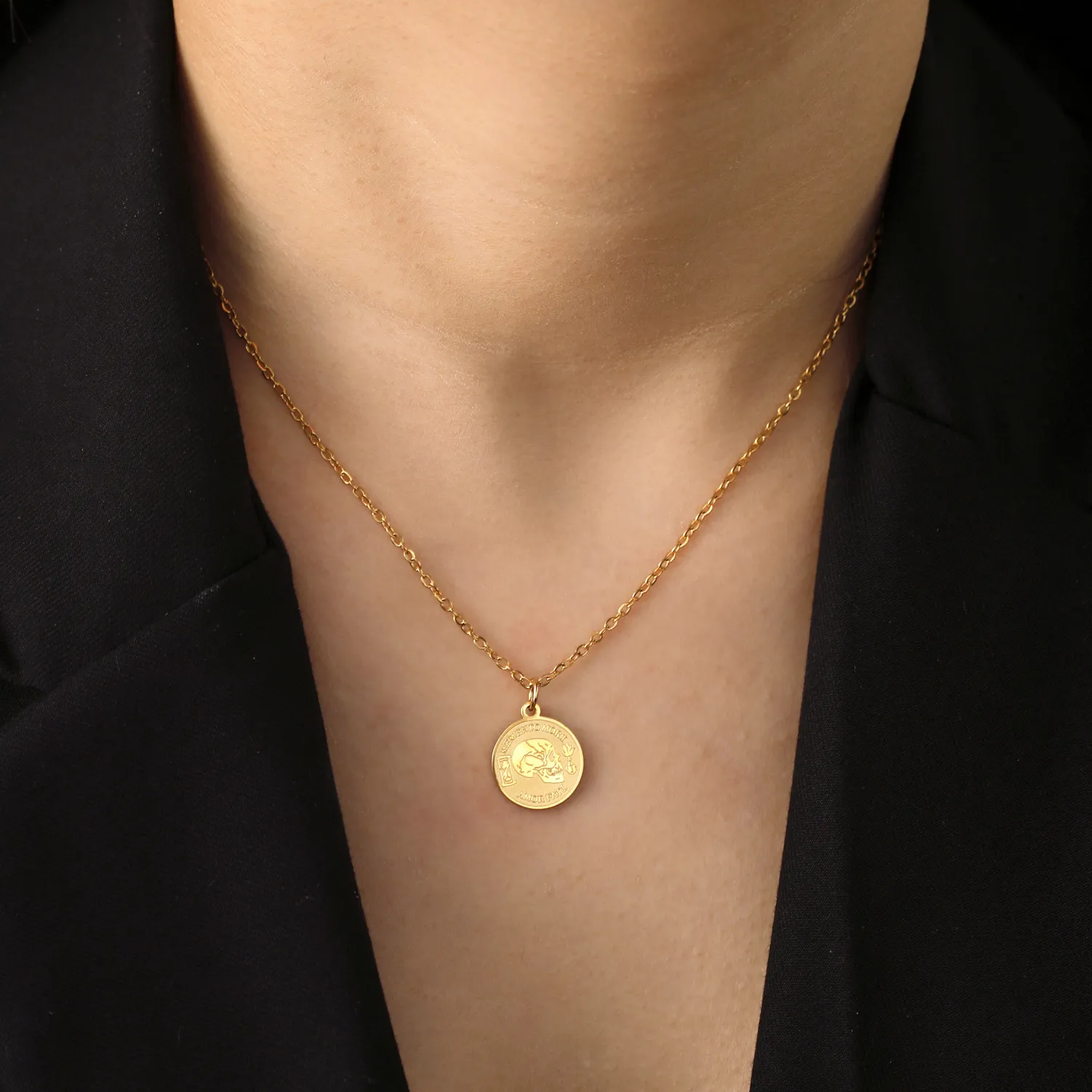 Authentic Latin Quote Skull Coin Necklace Memento Mori Remember Death Amor Fati Love Your Fate Stoicism Hourglass Torch Symbol Pendant