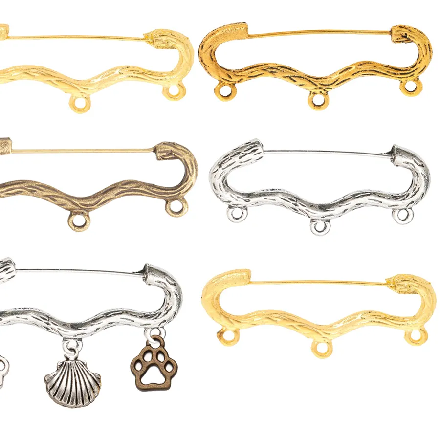 Authentic 10pcs/LoT Vintage Wave Shape Brooches 3 Holes Charms For DIY Safety Pins Jewelry Making Supplies Accessories Components Crafts