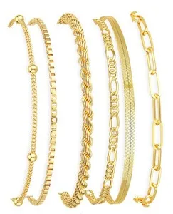 Authentic 14K Gold Plated Minimalist Chain Bracelet Set for Women Stackable Jewelry