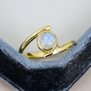 Authentic Moonstone Round Ring 6mm Gold Plated June Birthstone Minimalist Statement Ring