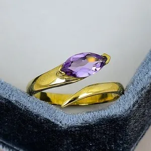 Authentic Amethyst Marquise Bypass 18K Gold Plated Ring Minimalist for Her Jewelry