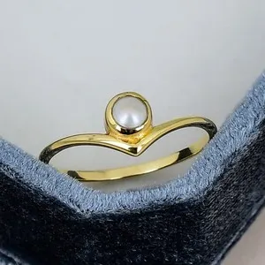 Authentic Pearl Ring 18K Gold Plated Round 4mm June Birthstone Minimalist Bezel Ring