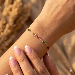 Authentic 925 Silver Minimalist Bezel Emerald Ruby Chain Bracelet Yellow Gold Plated