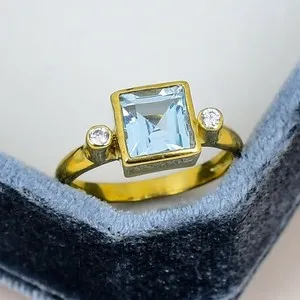 Authentic Celestial Horizon: Blue Topaz Square Bezel 18K Gold Plated Minimalist Ring