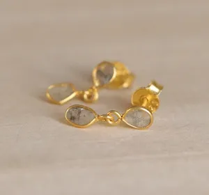 Authentic Gold Plated Minimalist Slice Cut Polki Earrings 925 Sterling Silver Diamond Stud