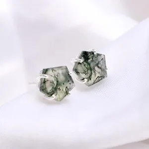 Authentic Natural Moss Agate Pentagon Stud Earrings 925 Sterling Silver Minimalist Jewelry