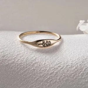 Authentic Engraved Birth Flower Minimalist Ring, Stackable Ring 14K Yellow Gold Plated