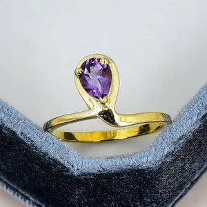Authentic Amethyst Ring 18K Gold Plated 5x7mm Pear Gemstone Minimalist Solitaire Ring