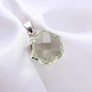 Authentic Natural Green Amethyst Hexagon Pendant 925 Sterling Silver Minimalist Jewelry