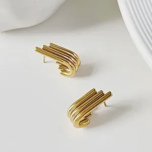 Authentic Minimalist Gold Plated Multi-Layer Lines Stack Geometric U-Shaped Studs Earrings