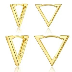 Authentic 2 Pairs 14K Gold Plated Minimalist Geometric Triangle Huggies Hoop Earrings, V S