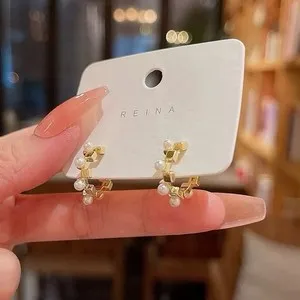 Authentic 18K Gold Plated Pearl Huggie Earrings Minimalist Hoop Earrings for women 178