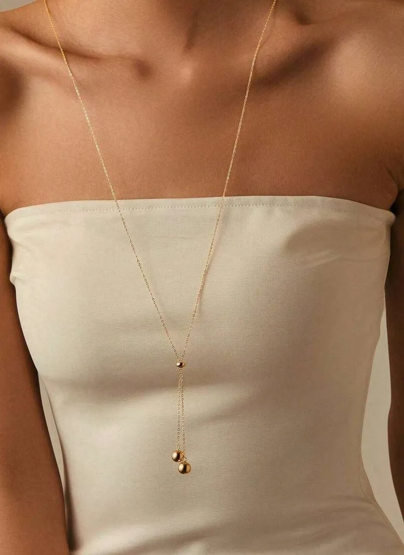 Authentic 1pc 18K Gold Plated Round Bead Pendant Adjustable Long Necklace, Fashionable Minimalist Design Suitable For Dail