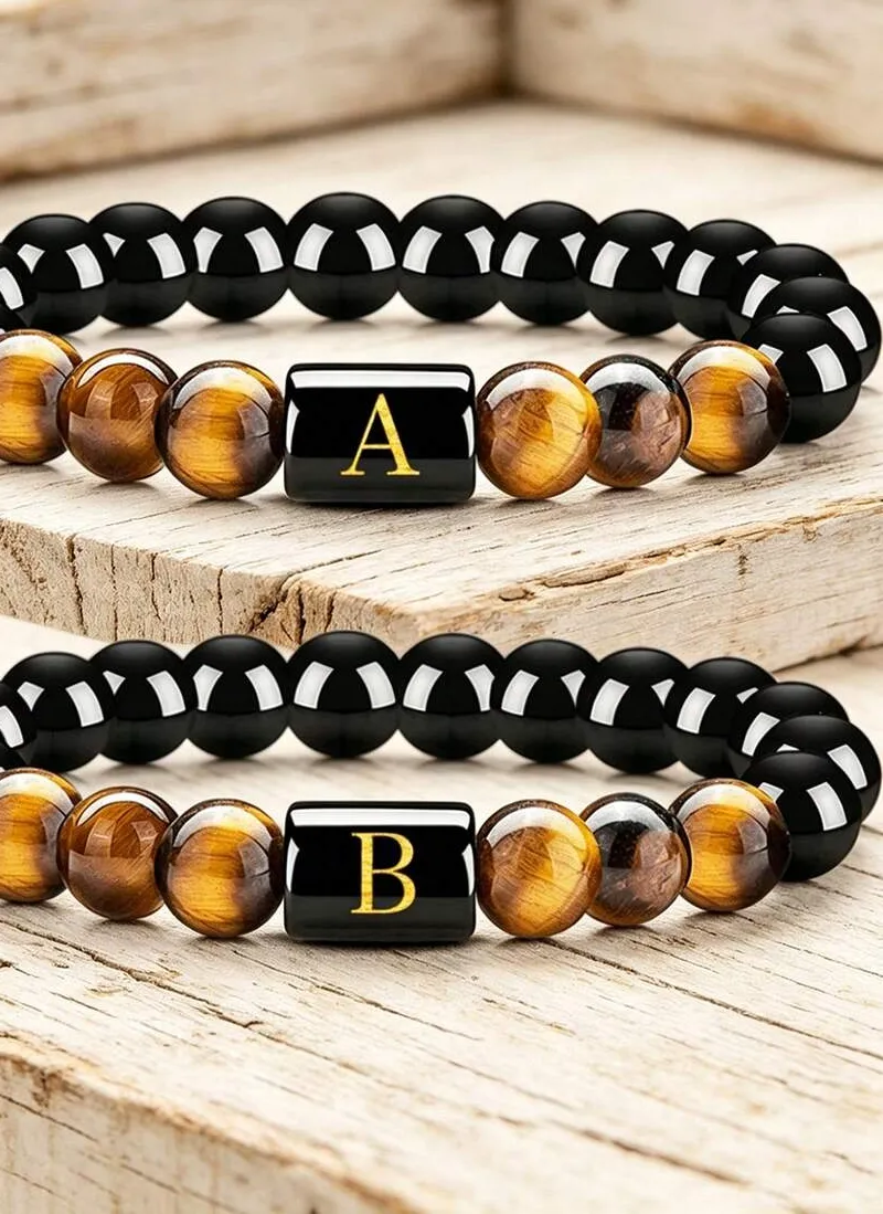 Authentic YAUKIA Gothic Men'S Tiger'S Eye & Obsidian Protection 26 Letters Bracelet, Summer Minimalist Jewelry, Brings Inner Strength, O