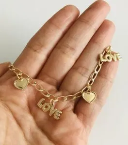 Authentic 14K Gold Plated Love and Heart Anklet 9.75" Long / Tobillera Amor, Corazon - A51