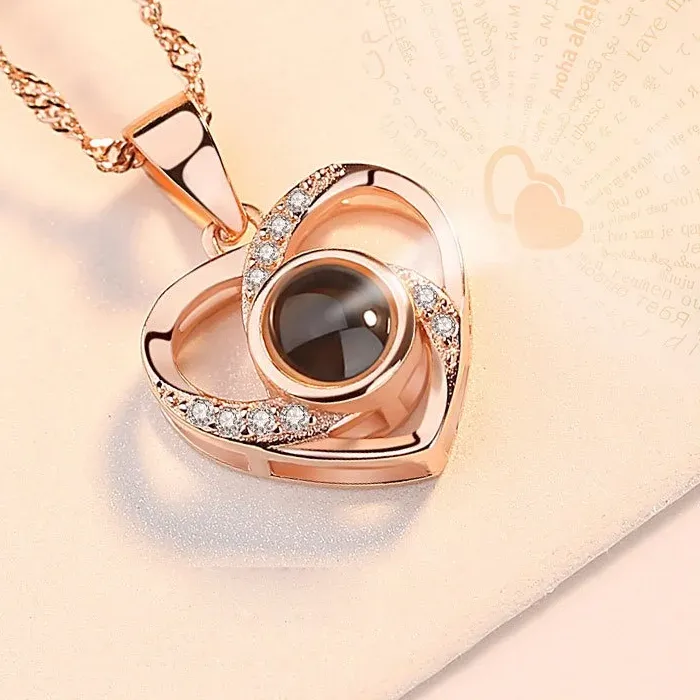 Authentic Love Heart Projection Necklace 100 Languages I Love You Pendant Jewelry for Girlfriend Couple Romantic Accessories Gifts