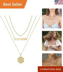 Authentic 14K Gold Plated Layered Initial Necklace Set with Hexagonal Pendant - -Ready