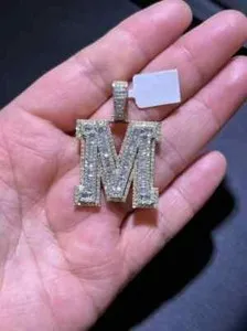 Authentic 4Ct Baguette Cut Simulated Diamond "M" Initial Letter Pendant Yellow Gold Plated