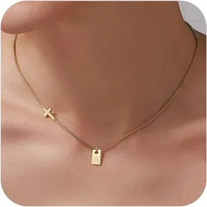 Authentic Cross Necklace for Women with Initial, 14K Gold Plated Dainty Cross Pendant Chok