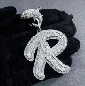 Authentic 4ct Round Real Moissanite Men's R Initial Letter Pendant 14k White Gold Plated