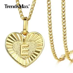Authentic Gold Plated Heart Initial Letter A-Z Pendant Necklace Curb Chain