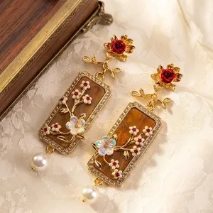 Authentic Vintage Palace Style Flower Earrings, Gold Plated Dangle, Enamel Pearl Drop
