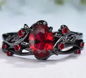 Authentic Vintage Style Ruby Red Gemstone Ring Black Gold Plated Floral Vine Women's Size