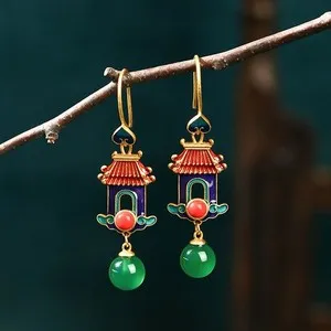 Authentic Verdant Imperial Palace Gold-Plated Enamel and Green Chalcedony Dangle Earrings
