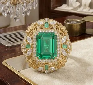 Authentic 14K Yellow Gold Plated Simulated 3CT Emerald & Diamond Vintage Style Ring