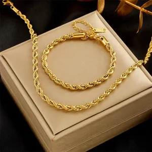Authentic 18k yellow gold plated 4mm thick rope style necklace & bracelet set lobster lock