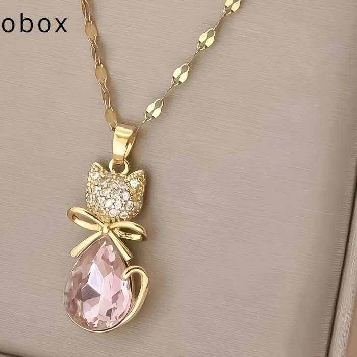 Authentic An Exquisite Bohemian-style Cat Pendant Necklace Featuring Pink Synthetic Cubic Synthetic Zirconia - a Versatile Jewelry
