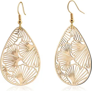 Authentic 14K Gold Plated Silver Teardrop Filigree Dangle Earrings Lightweight Ginkgo Leaf