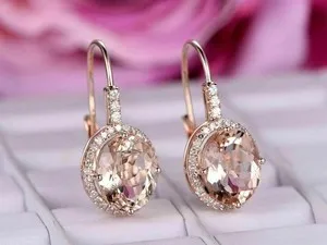 Authentic 3 Ct Oval Cut Simulated Morganite Drop/Dangle Halo Earrings 14K Rose Gold Plated