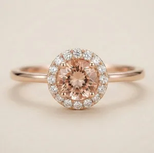 Authentic 925 Silver Peach Morganite CZ Halo Ring, Gold Plated Round Cut Engagement Ring